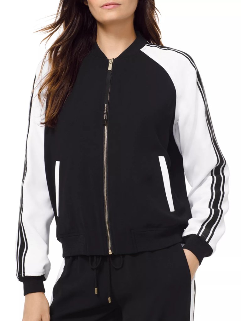 Michael Michael Kors Striped Sleeve Bomber Jacket Size Large Black White Zip Up